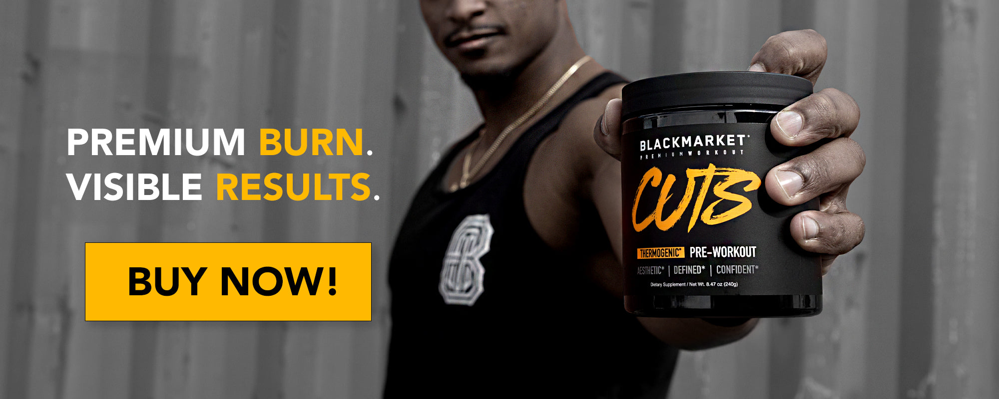 Premium Burn with Visible Results. A man holding a CUTS Thermogenic Pre-workout bottle. Buy Now button